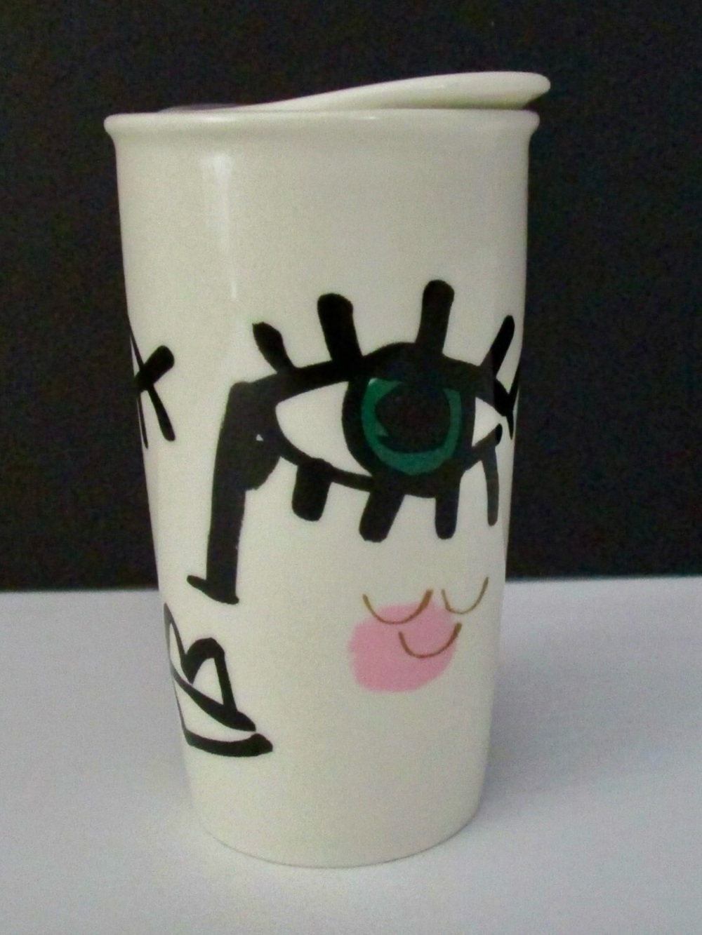 STARBUCKS TRAVEL Winking Eye Art with White Ceramic Lid Mug